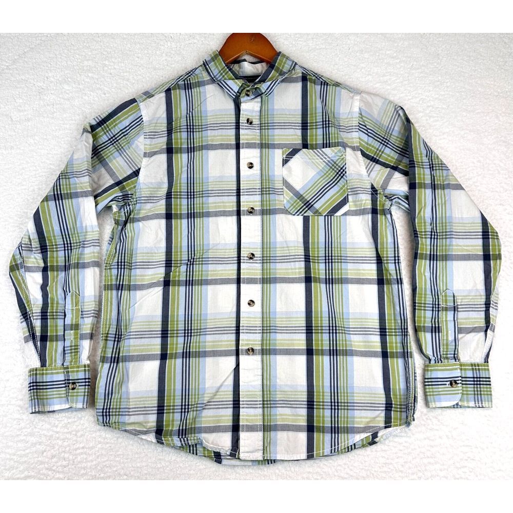 Ruff Hewn Shirt Boys Large‎ 14-16 Green White Plaid Cotton Long Sleeve Button-Up